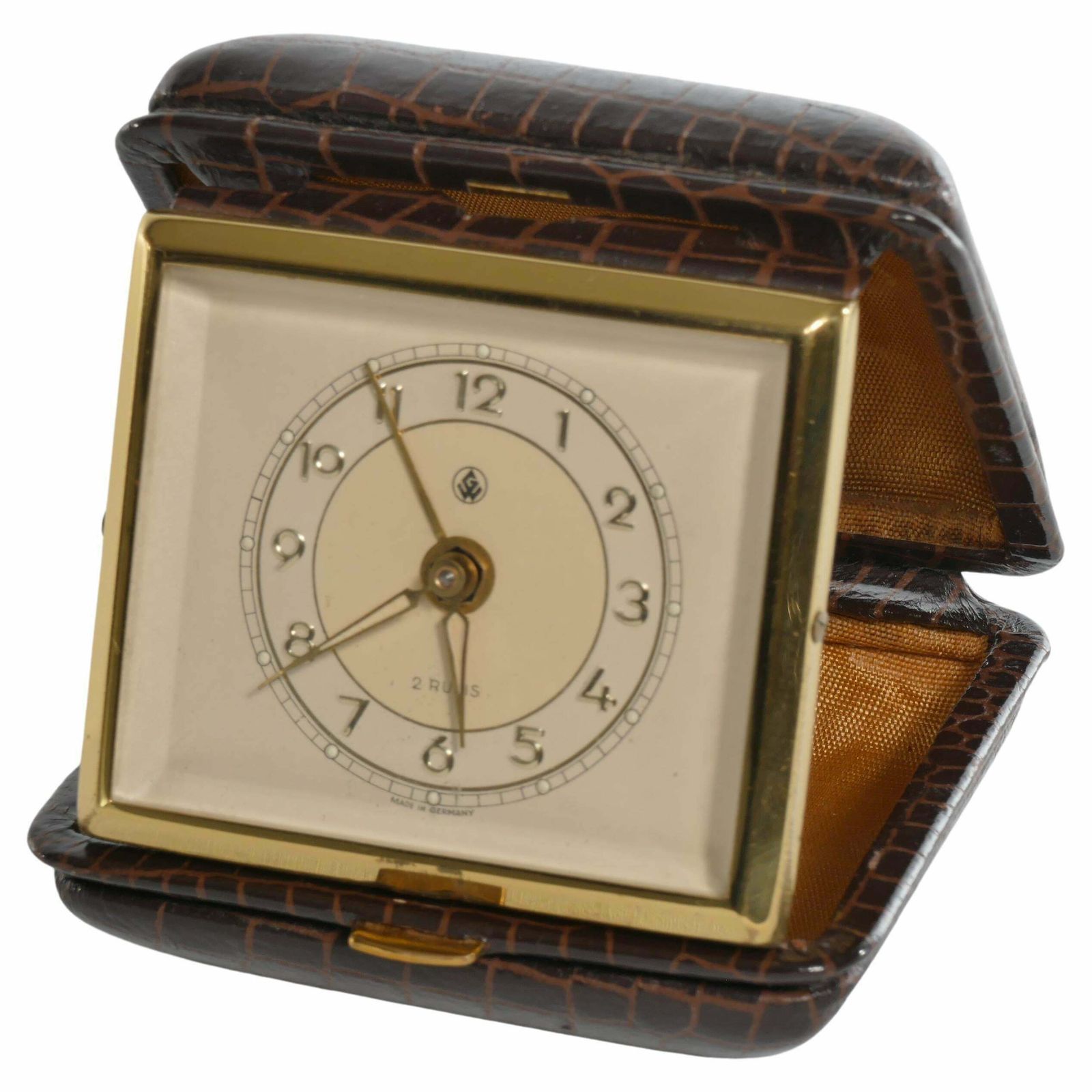Travel Alarm Clock In Brass And Faux Snakeskin From "Gw", Germany, Ca 1950's