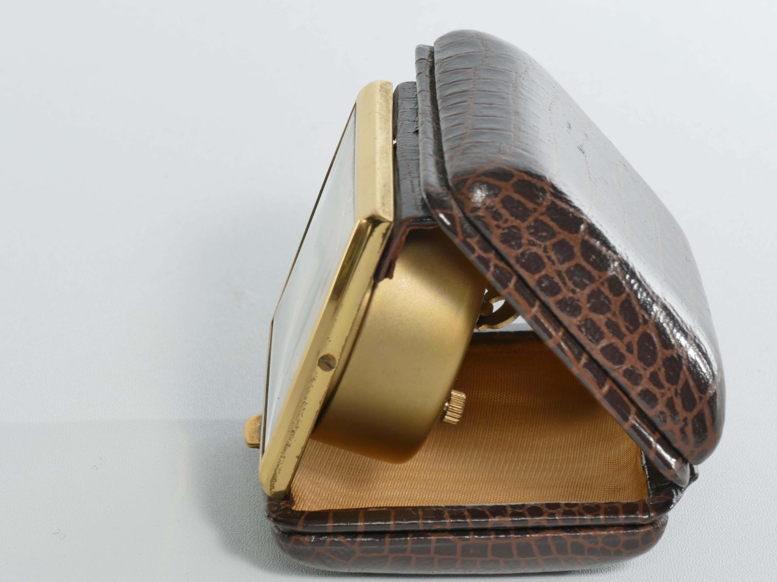 Travel Alarm Clock In Brass And Faux Snakeskin From "Gw", Germany, Ca 1950's photo buy