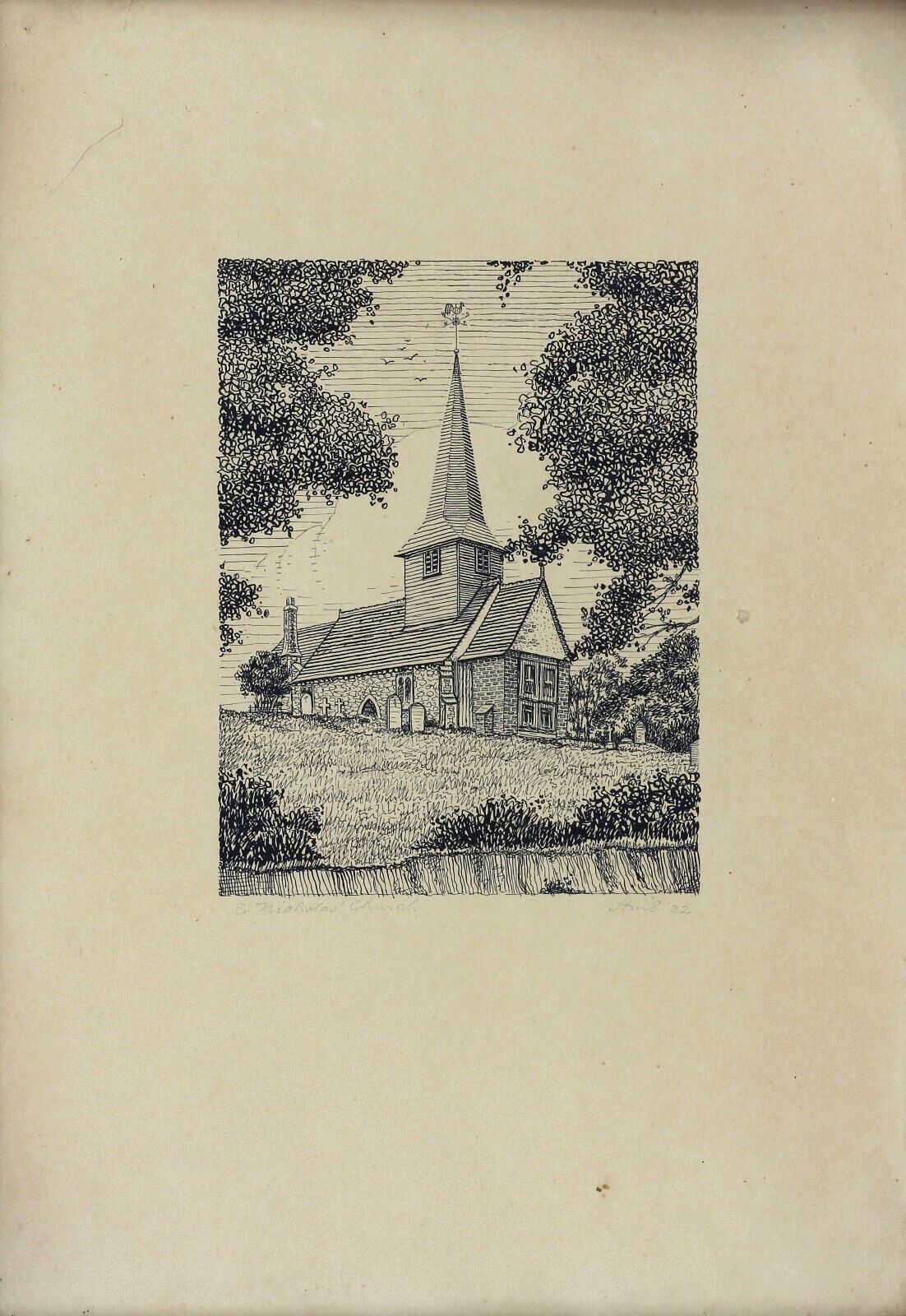 Woodcut Of St. Nicholas Church, Laindon. Signed, But Unclear. photo furniture