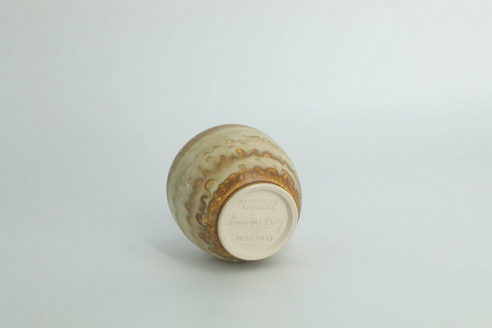 Small Mid Century Scandinavian Modern Collectible Beige Stoneware Vase By Gunnar Borg For Höganäs Keramik, 1960s photo for sale