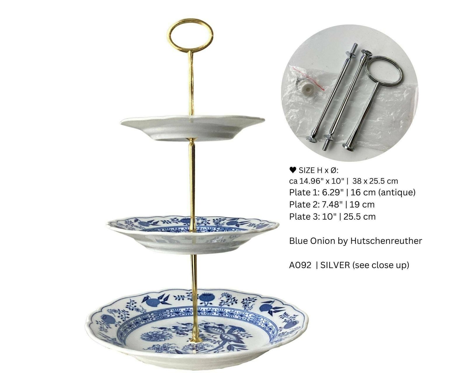 Blauw Uien Etagère | 3 Lagen | Handvat In Messing, Goud Of Zilver | Vintage Hutschenreuther photo for sale