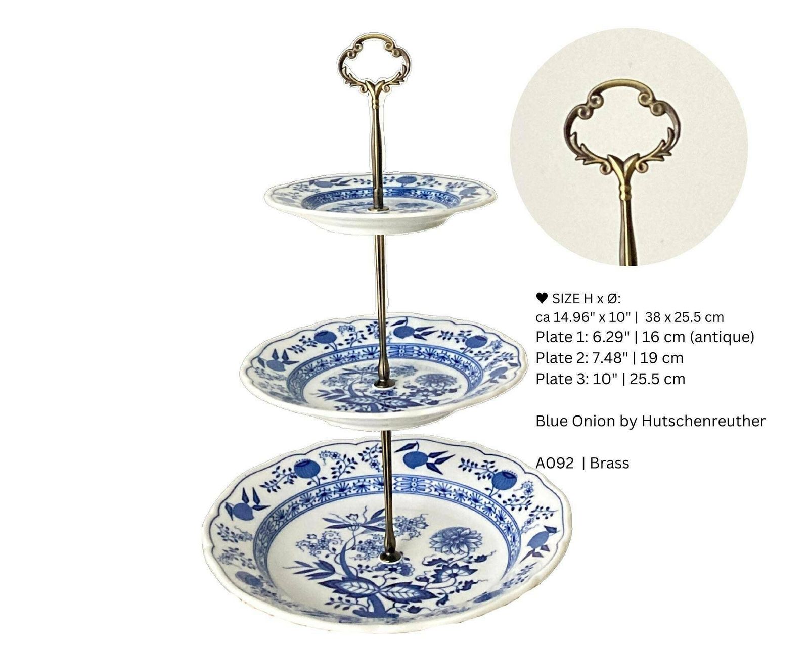 Blue Onion Cake Stand | 3 Tier | Brass, Gold Or Silver Handle | Vintage Hutschenreuther photo 140.0