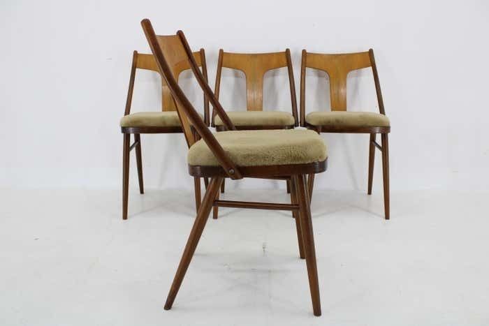 1950s Set Of Four Restored Dining Chairs In Walnut, Czechoslovakia photo vinterior