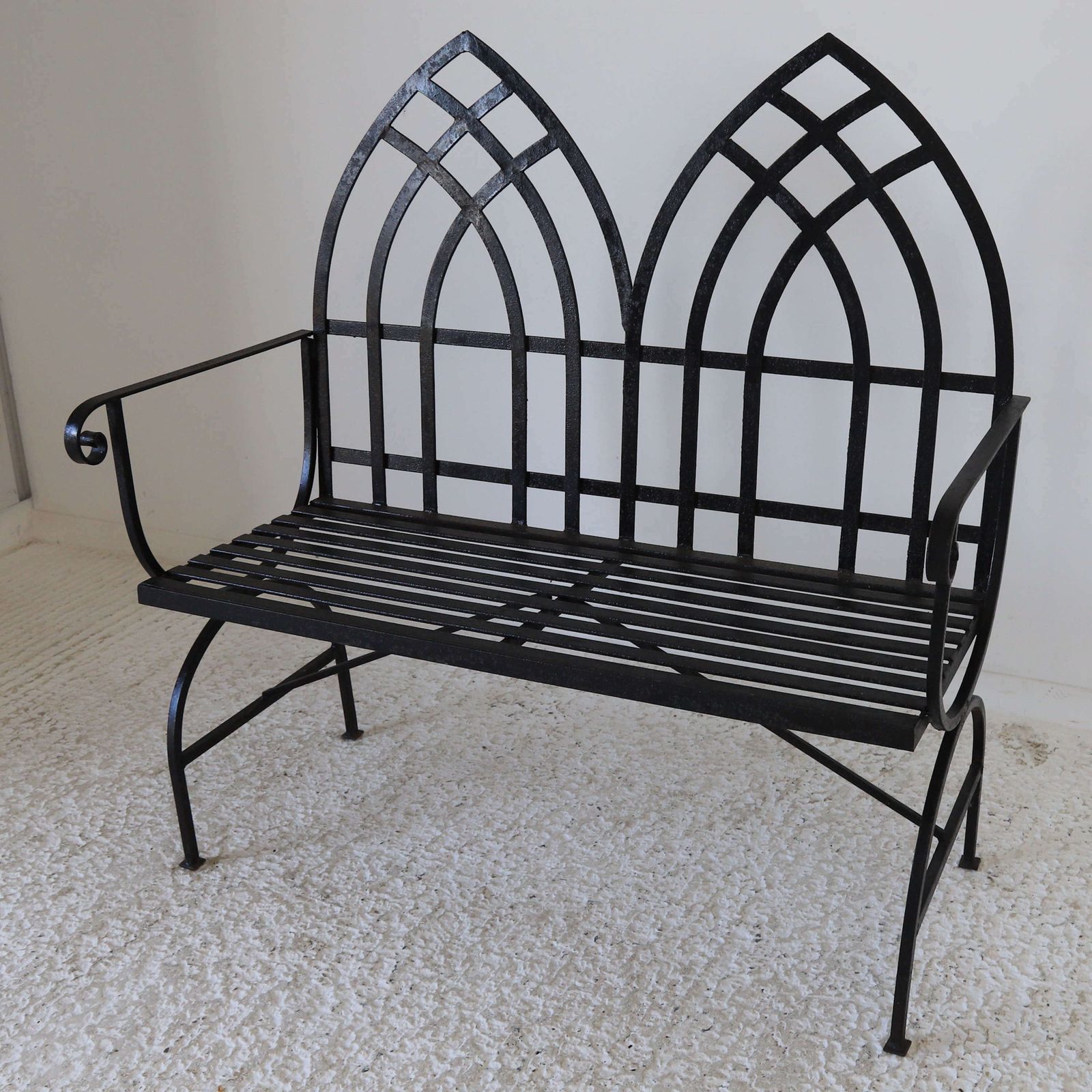 20th Century Gothic Style Iron Garden Bench Painted Black photo vintage