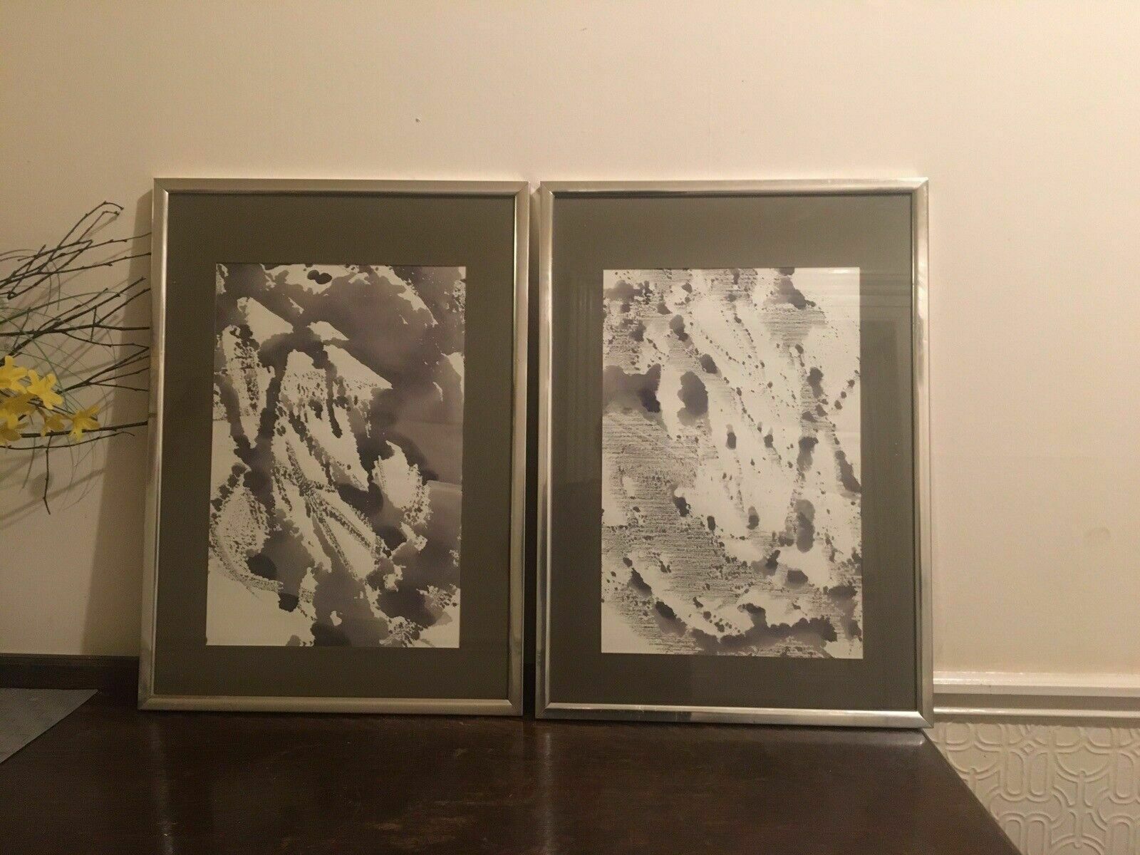 145.0 2x Original Indian Ink Minimalist Paintings On Paper Aluminium Frames 1960s 80s photo