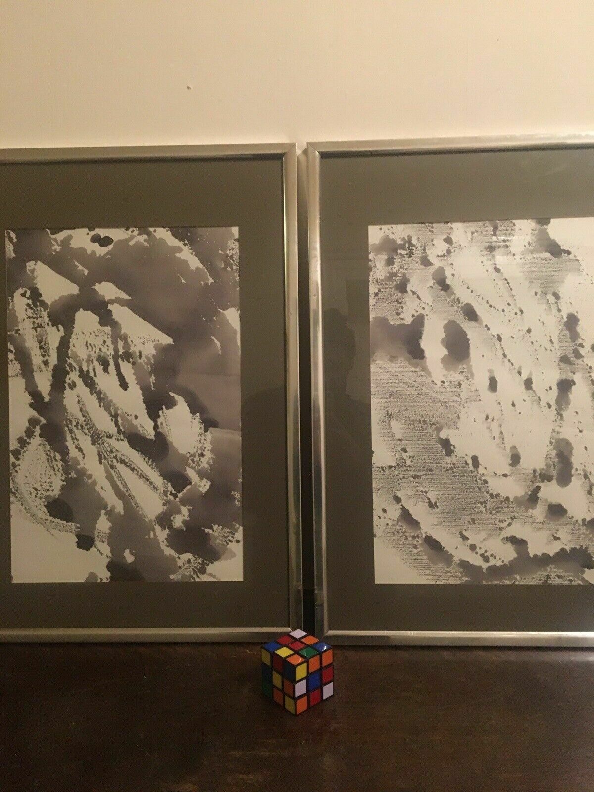 photo vinterior 2x Original Indian Ink Minimalist Paintings On Paper Aluminium Frames 1960s 80s