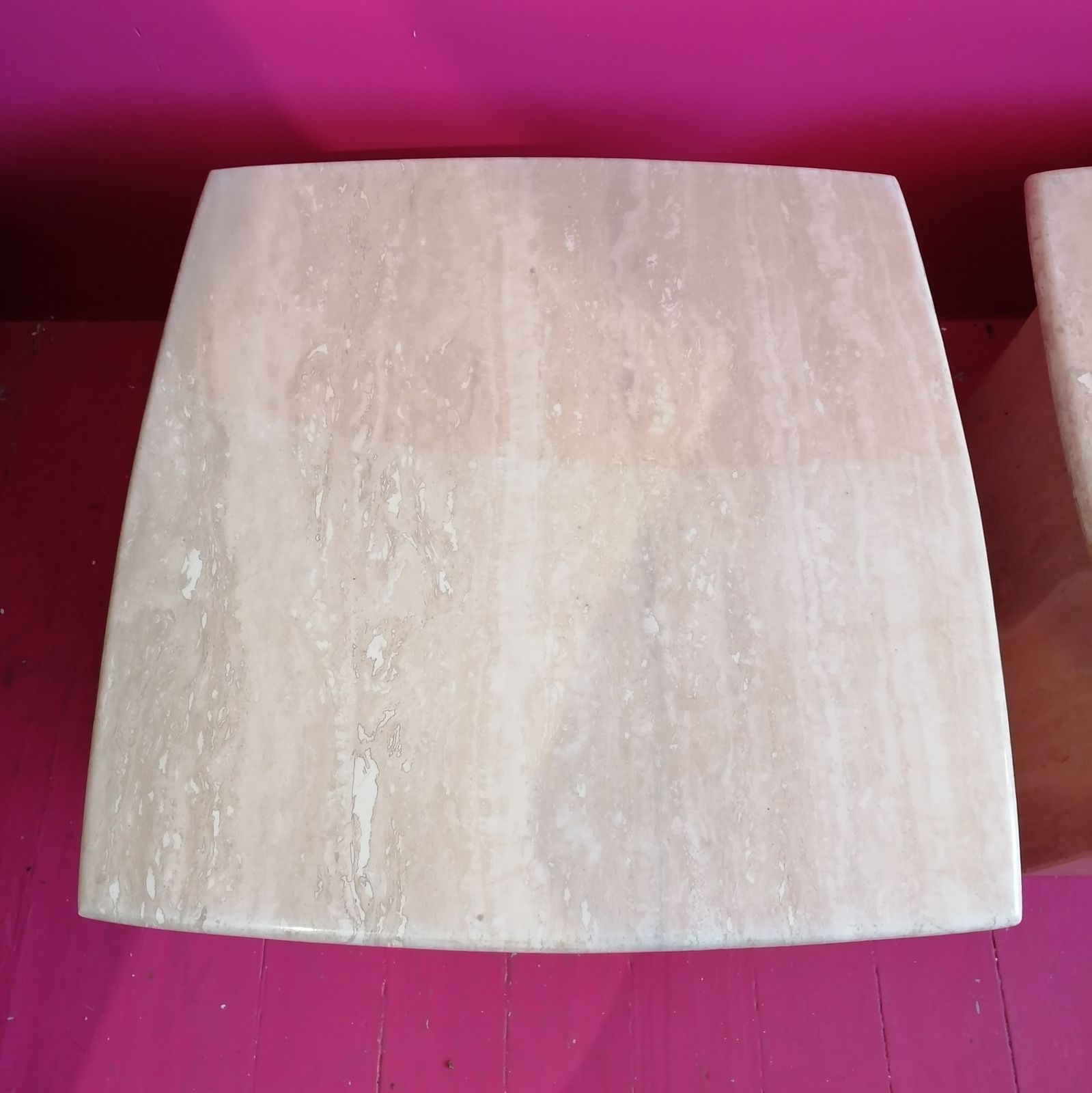 Vintage Post Modern Polished Travertine Side Or End Tables, USA 1980s, Two Available photo Furniture