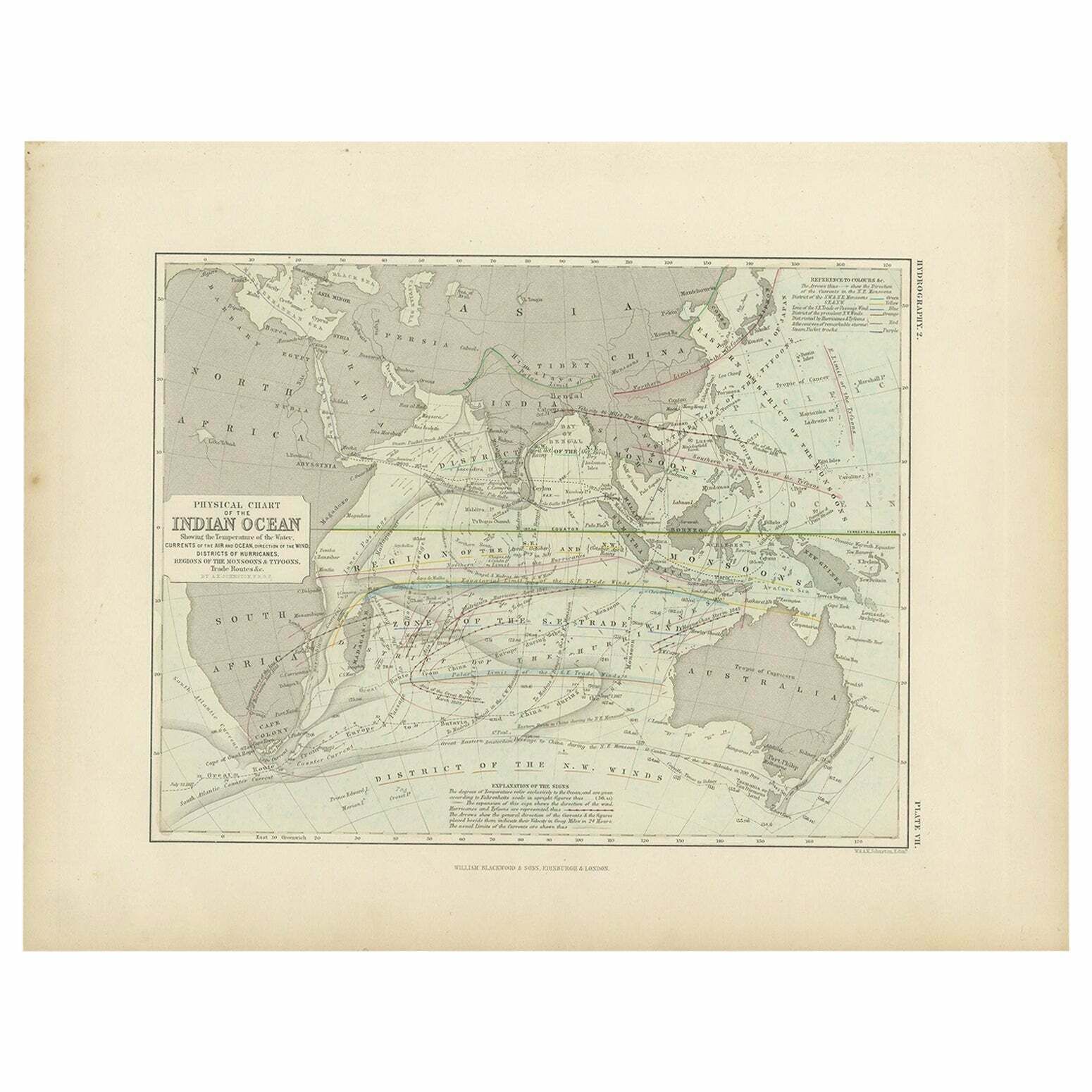 Antique Physical Chart Of The Indian Ocean By Johnston, 1850