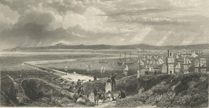 Old Decorative Maritime Print Of Ships In An Harbour, Possibly England, C.1860 photo 310.0