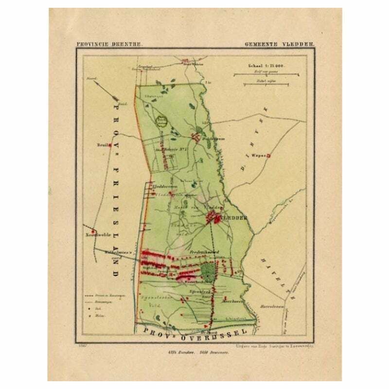 Antique Map Of The Township Of Vledder, Drenthe In The Netherlands, 1865