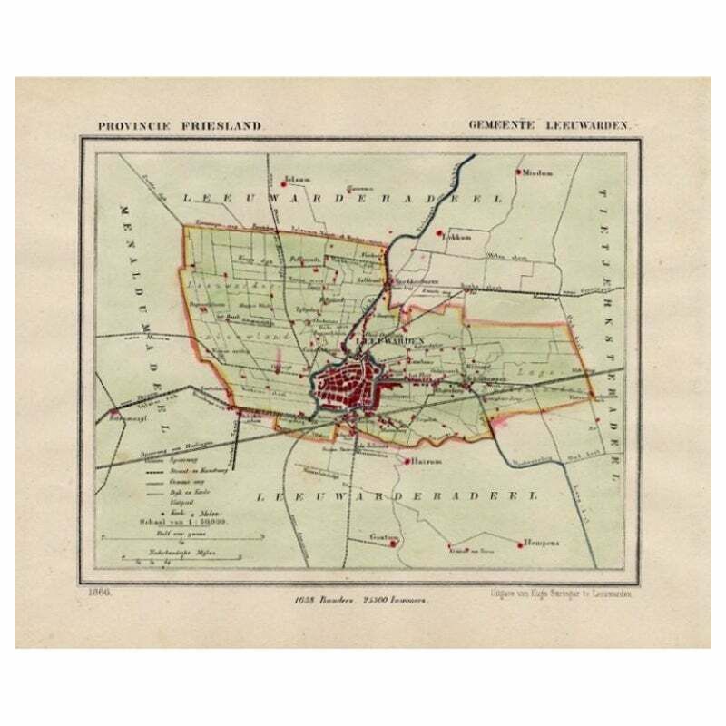 Antique Map Of Leeuwarden And Surroundings, In Friesland, The Netherlands, 1865