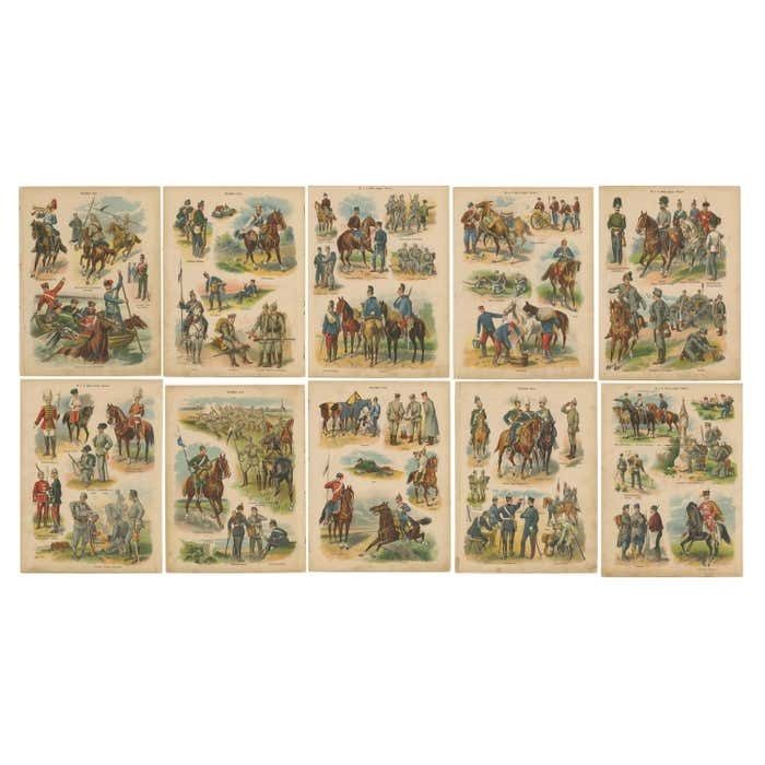 Set Of 10 Antique Military Costume Prints
