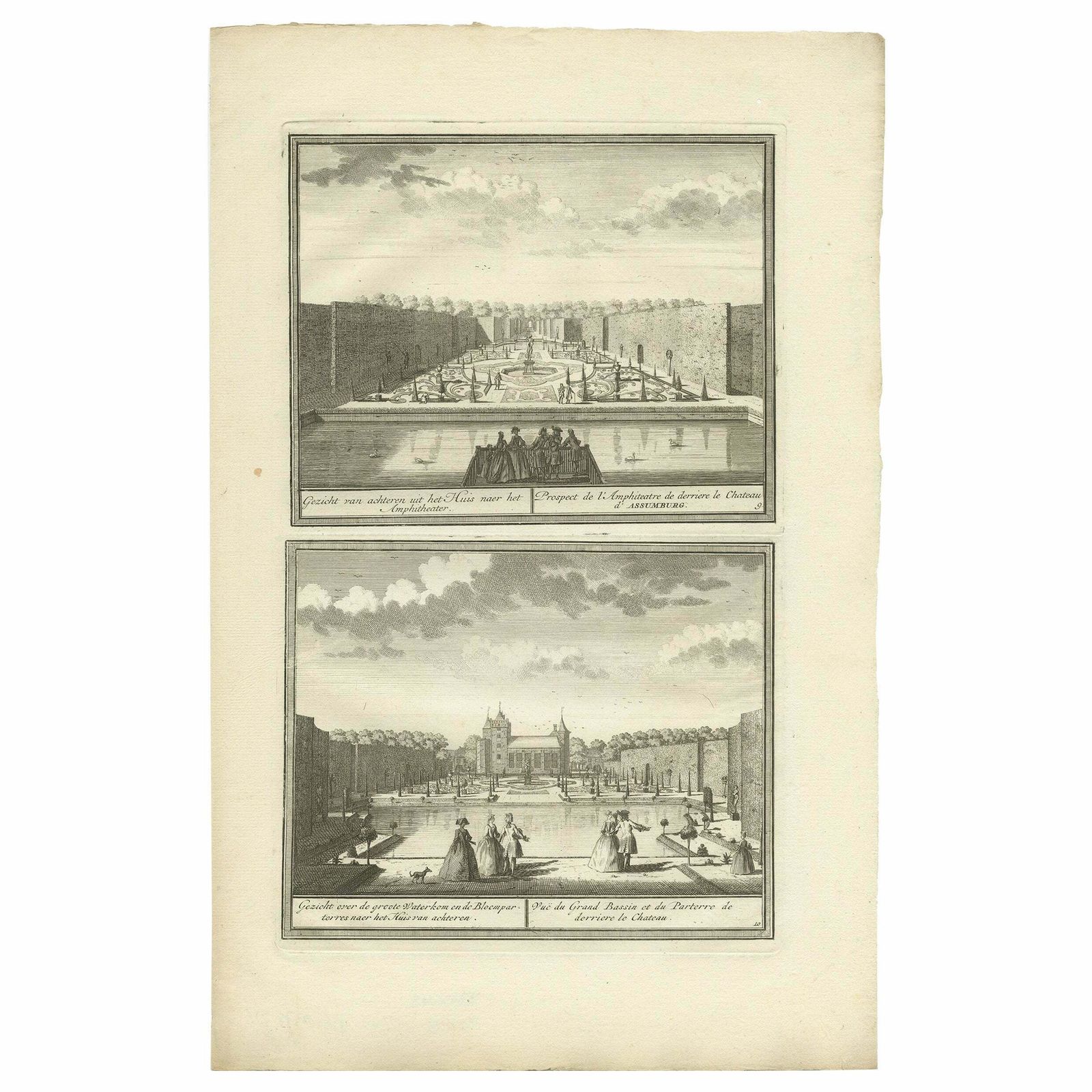 Antique Print Of The Gardens Of Assumburg Castle By De Leth, Circa 1730