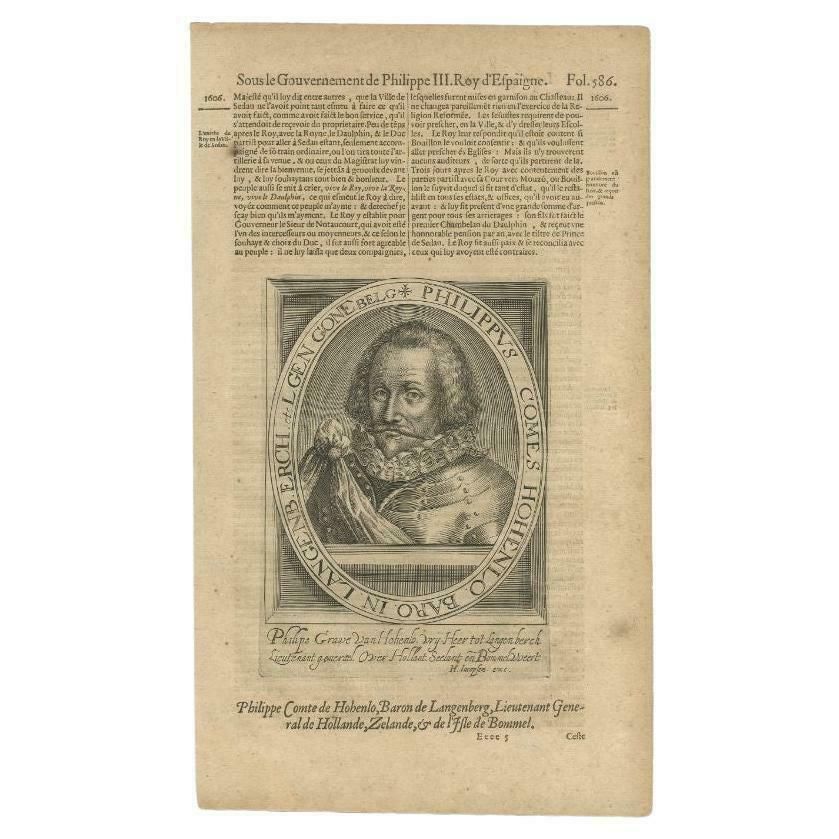 Antique Portrait Of Philip Of Hohenlohe Neuenstein By Van Meteren, 1618