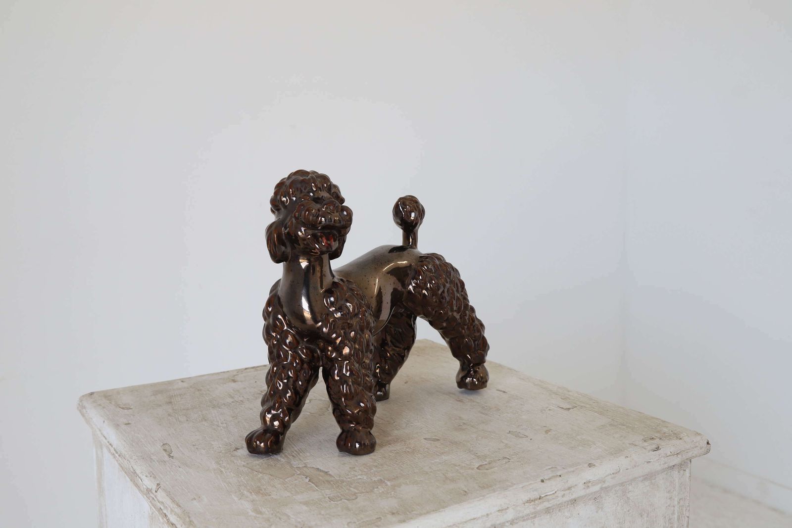 Italian Mid 20th Century Porcelain Poodle Dog Figurine Bronze Glaze photo buy