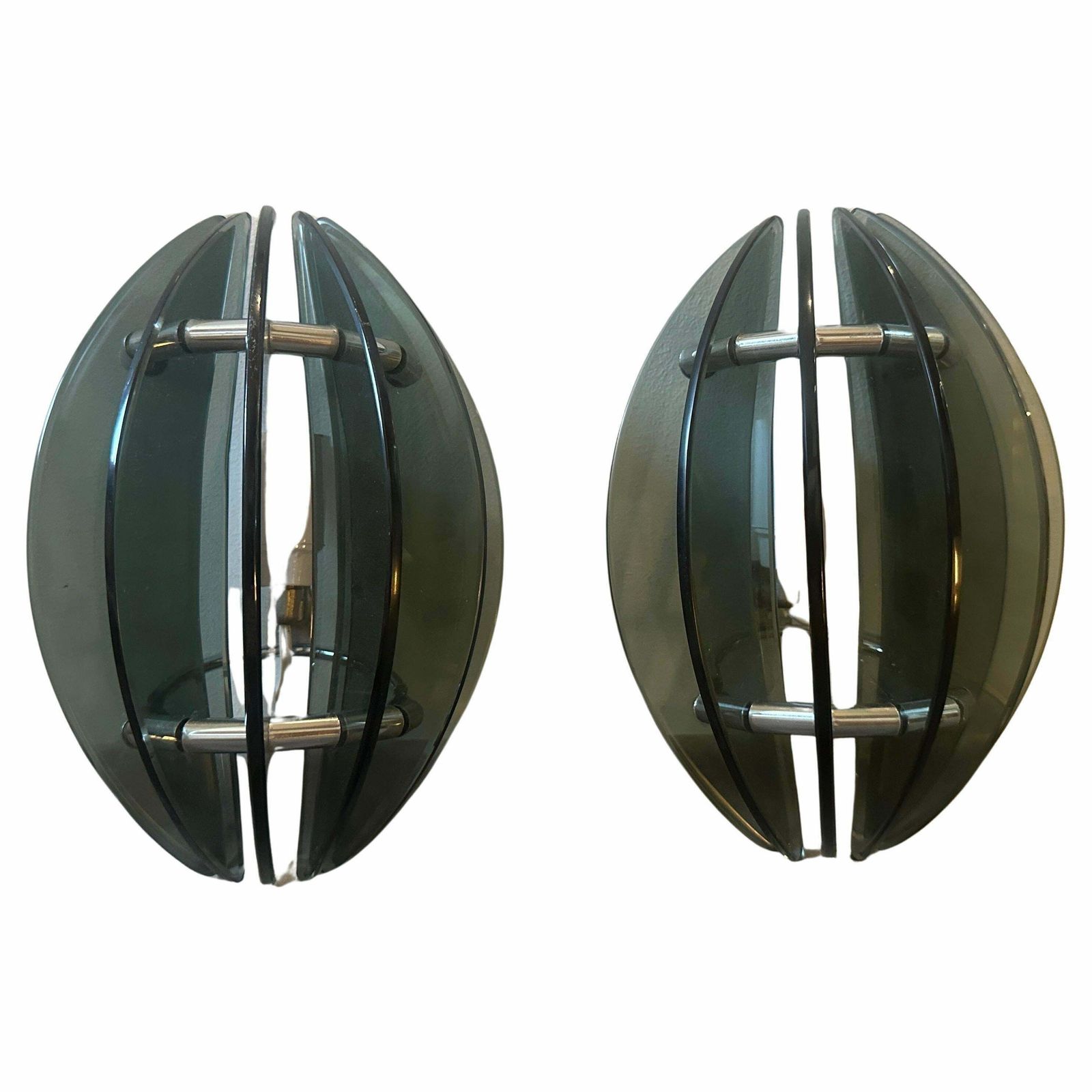 Set Of Two 1970s Space Age Glass And Chromed Metal Italian Wall Sconces By Veca