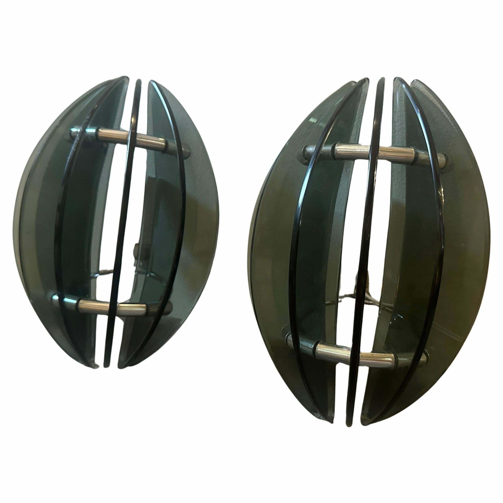 Set Of Two 1970s Space Age Glass And Chromed Metal Italian Wall Sconces By Veca photo buy