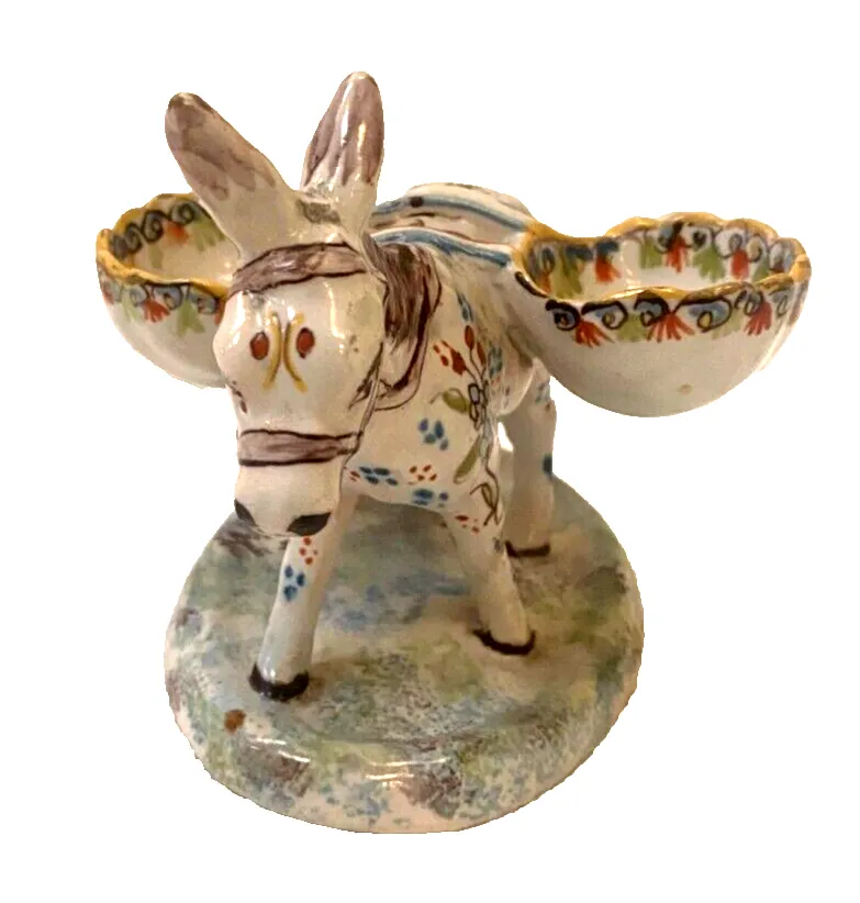 Polychrome Porcelain Group "Donkey In Salt And Pepper Shaker" 20th Century