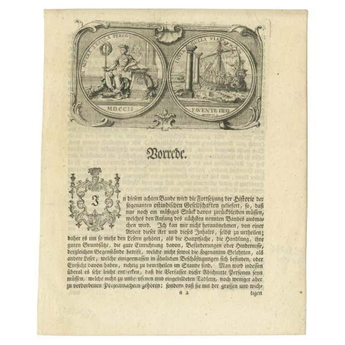 Antique Print With The Intro Of 'Algemeine Welthistorie' By Gebauer, C.1770