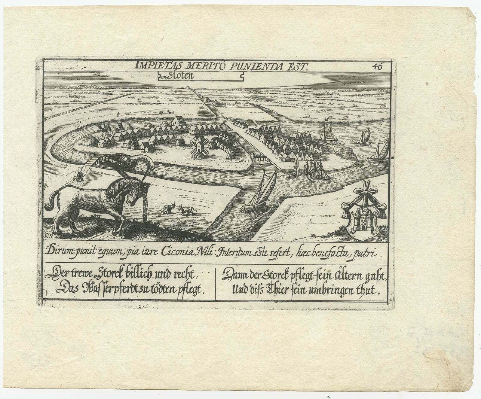Antique Print Of The City Of Sloten, Friesland, The Netherlands, Circa 1630