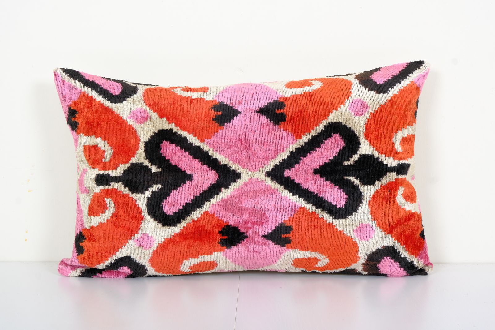 Silk Ikat Velvet Pillow With Pink Details, Handmade Velvet Lumbar Pillowcase, Vintage Uzbek Oblong Decorative Cushion