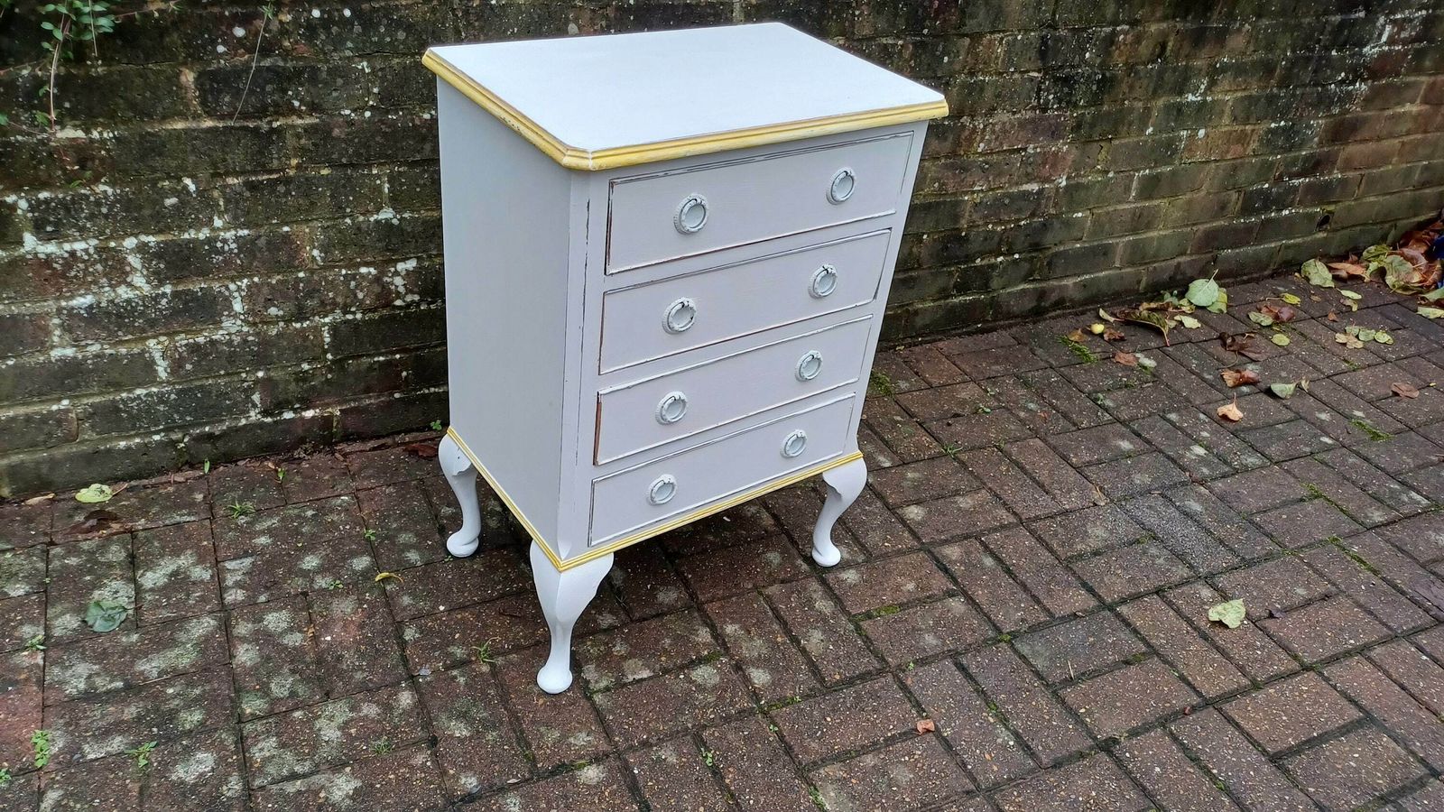 Vintage Painted Bedside Or Occasional Chest Of Drawers Table In Farrow And Ball White Gold Highlights. photo furniture
