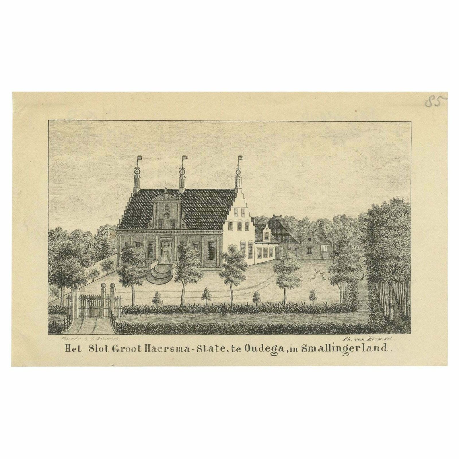 Antique Print Of The Groot Haersma Estate In Oudega, The Netherlands, C.1850