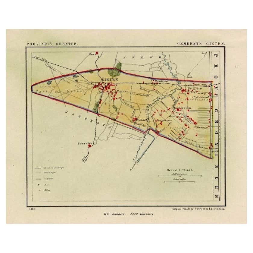 Antique Map Of The Township Of Gieten In The Netherlands, 1865
