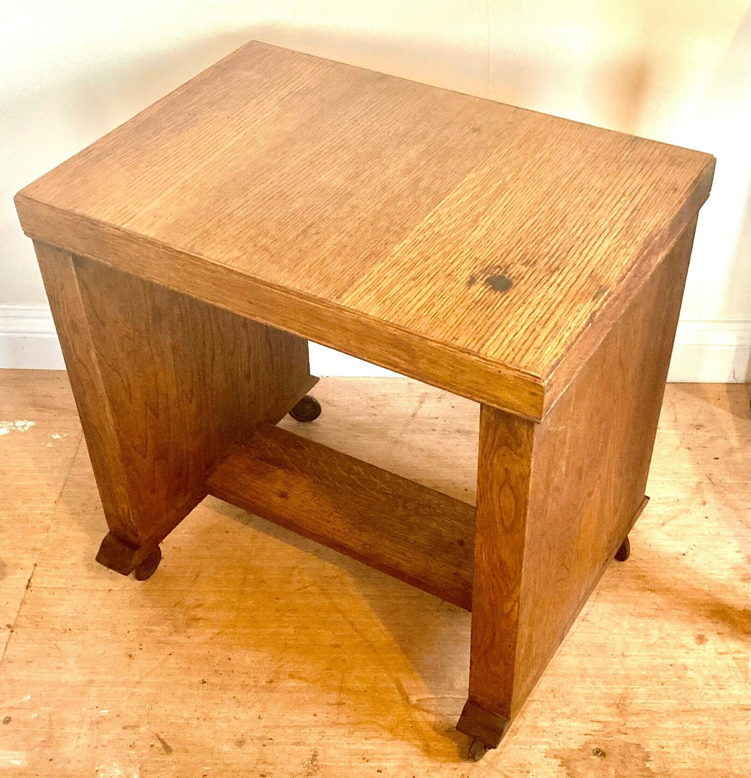 Mid Century Oak Side Table Trolley Coffee Table Occasional Hall Antique Industrial Vintage Drinks Wheels photo for sale