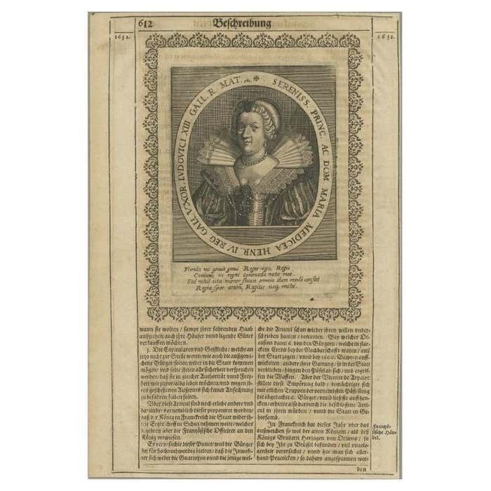 Antique Portrait Of Marie De Medici, Circa 1660