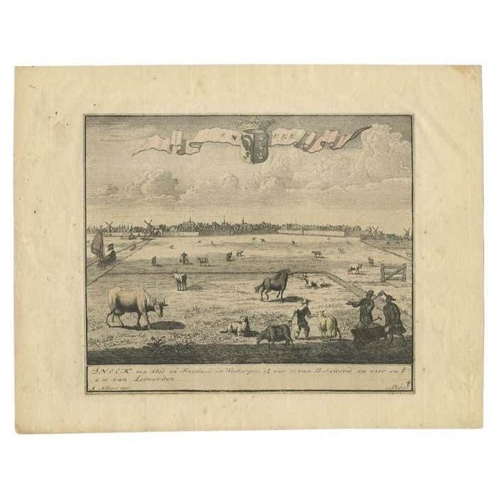Antique Print Of Sneek, An Old Watersport City In The Netherlands, Circa 1718