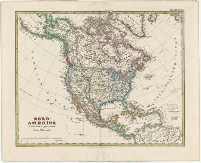 Old German Map Of Northern America With Attractive Hand Colouring, 1864 photo furniture