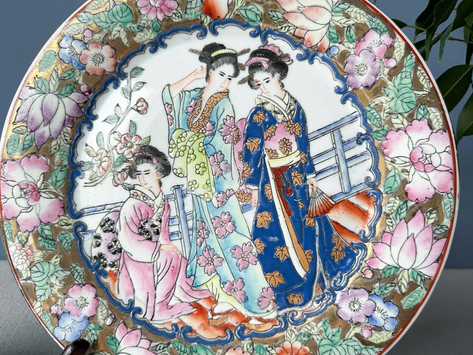 Vintage Pair Of Chinese Famille Rose Plates Mille Fleur Plates, Geisha Plates photo 107.0