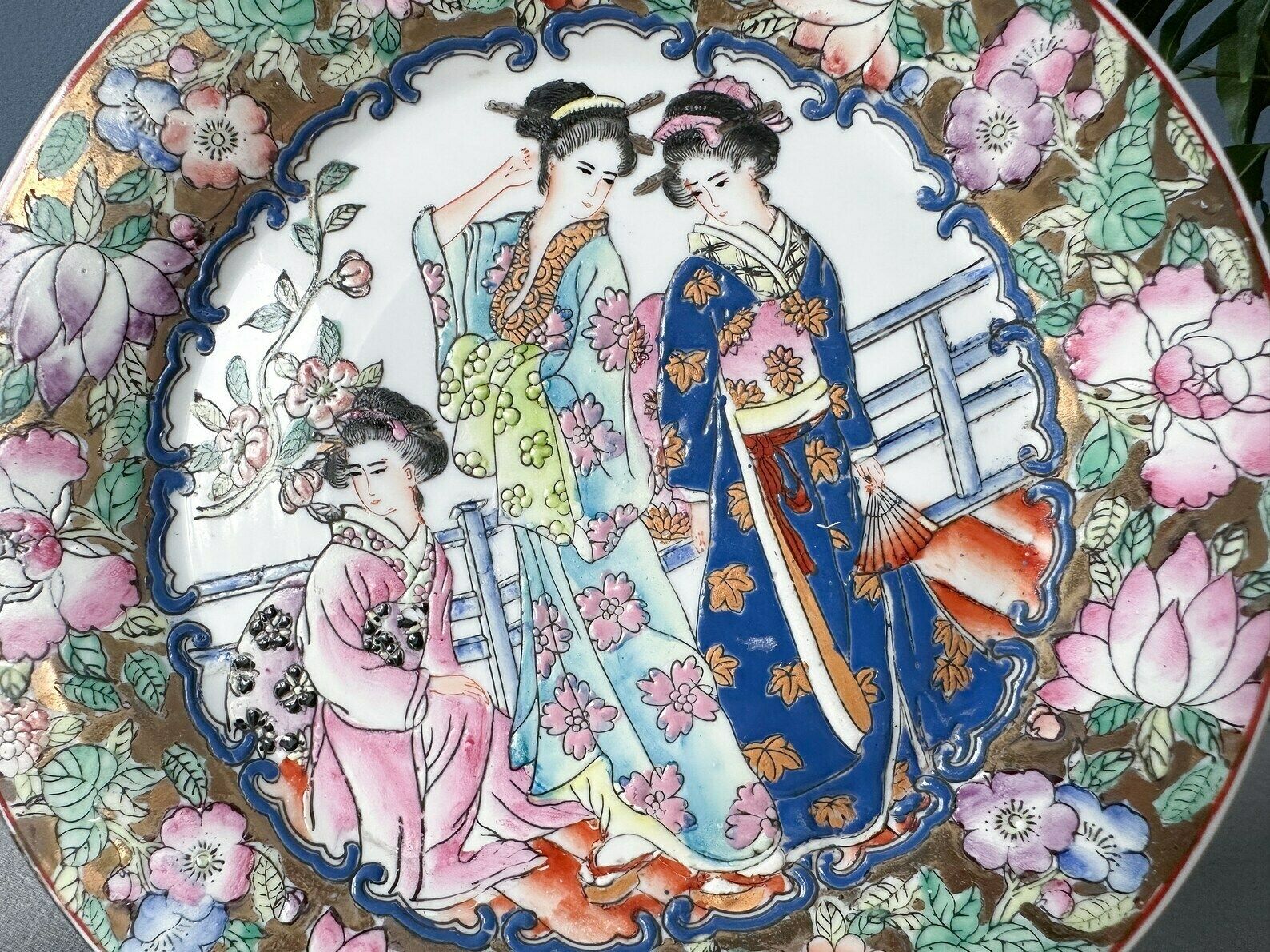 photo furniture Vintage Pair Of Chinese Famille Rose Plates Mille Fleur Plates, Geisha Plates
