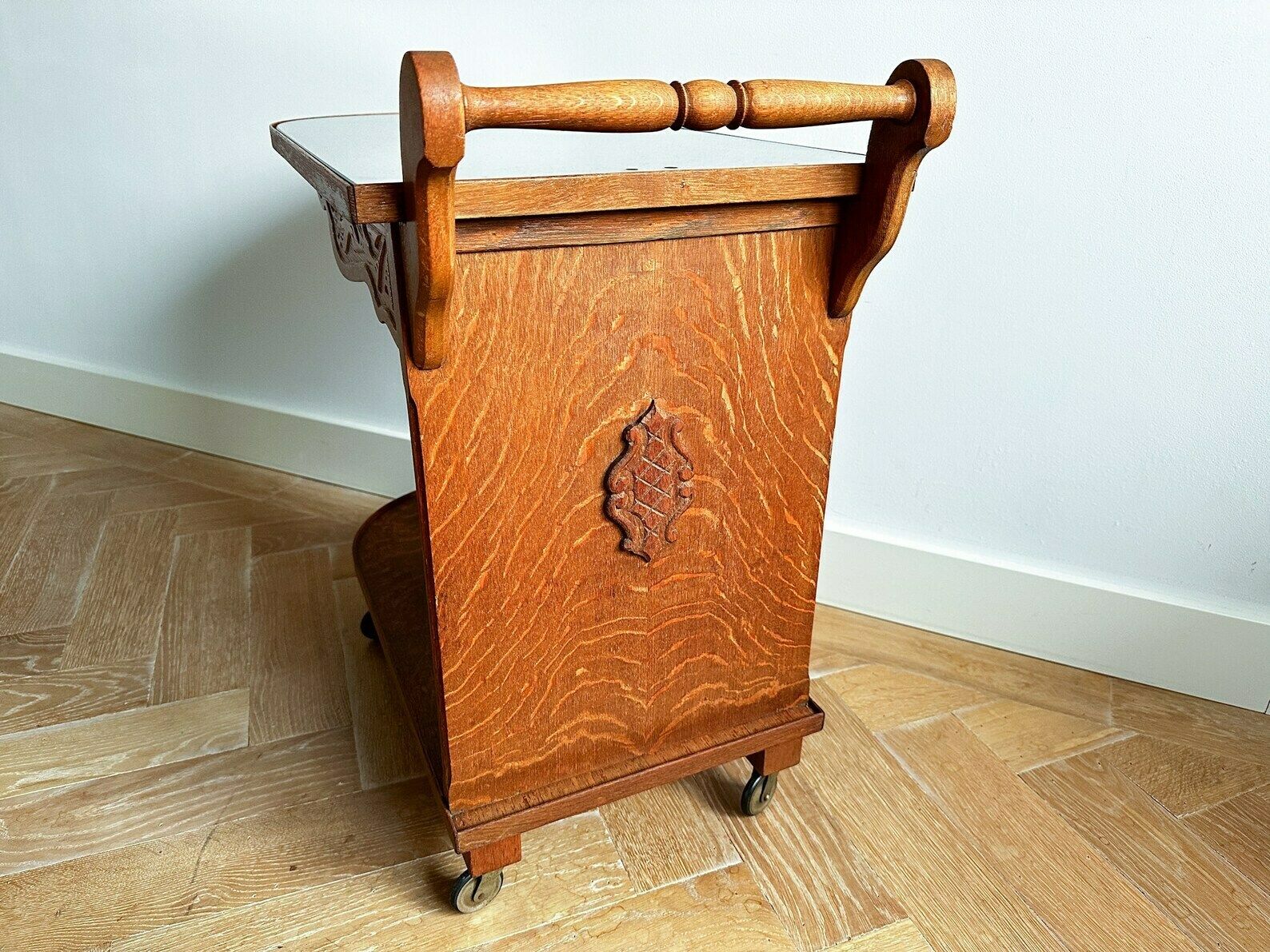 Vintage Mid Century Serving Trolley, Carved Wood Side Table On Wheels, Midcentury Modern, Retro Wooden Tea Trolley, Drinks Serving Trolley photo for sale