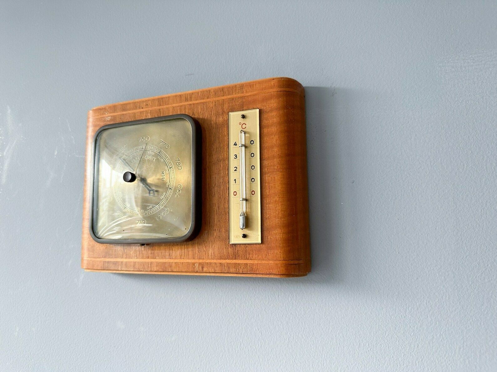 Vintage Wooden Art Deco Weather Station, Barometer With Thermometer, Dutch Barometer photo vintage