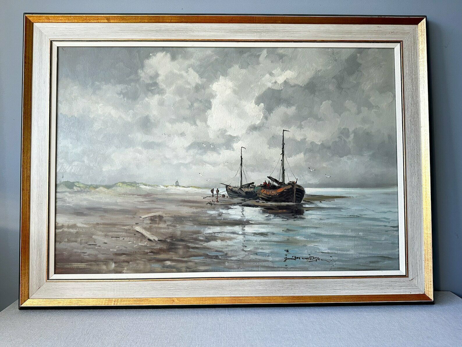 Vintage Original Oil Painting, Jos Van Dijk, Dutch School, Coastal Landscape
