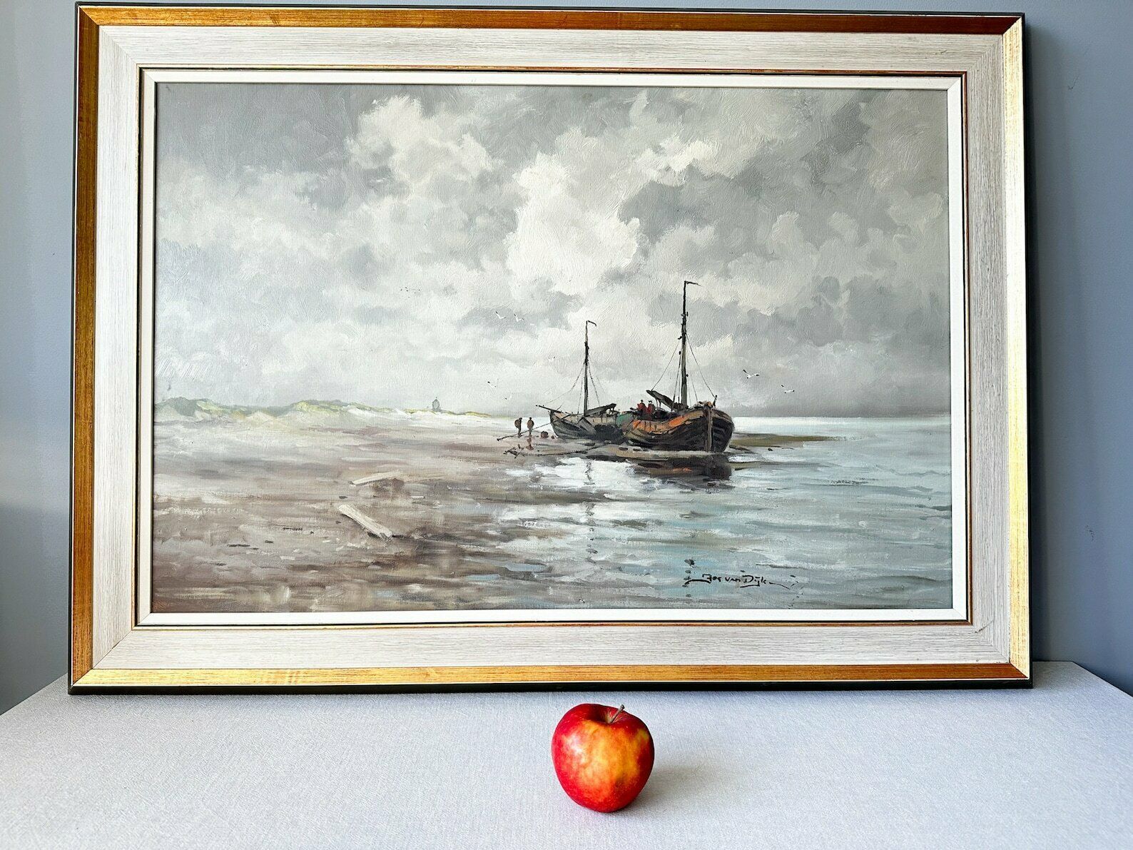 Vintage Original Oil Painting, Jos Van Dijk, Dutch School, Coastal Landscape photo furniture