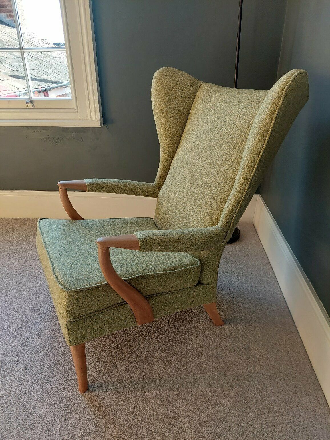 Furniture Rare Parker Knoll 757 Armchair Re Upholstered With Green Tweed Wool Mid Century photo