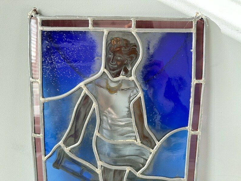Vintage Stained Glass Sun Catcher, Vintage Suncatcher, Stained Glass Window Hanging 18"X12" photo Home Decor