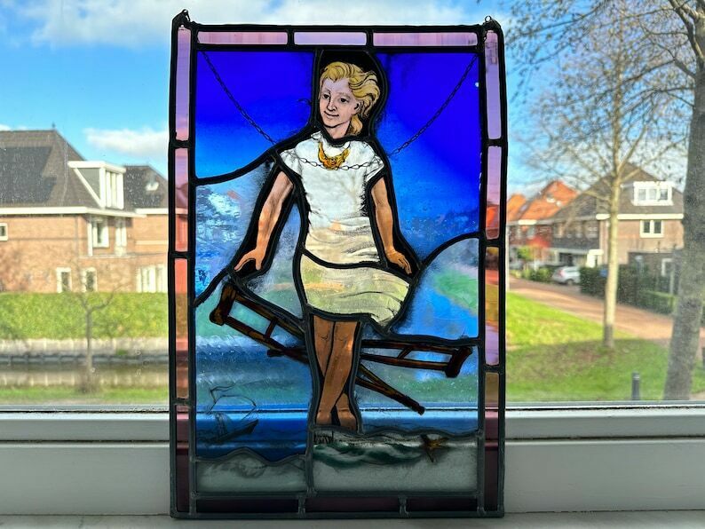 Vintage Stained Glass Sun Catcher, Vintage Suncatcher, Stained Glass Window Hanging 18"X12" photo buy