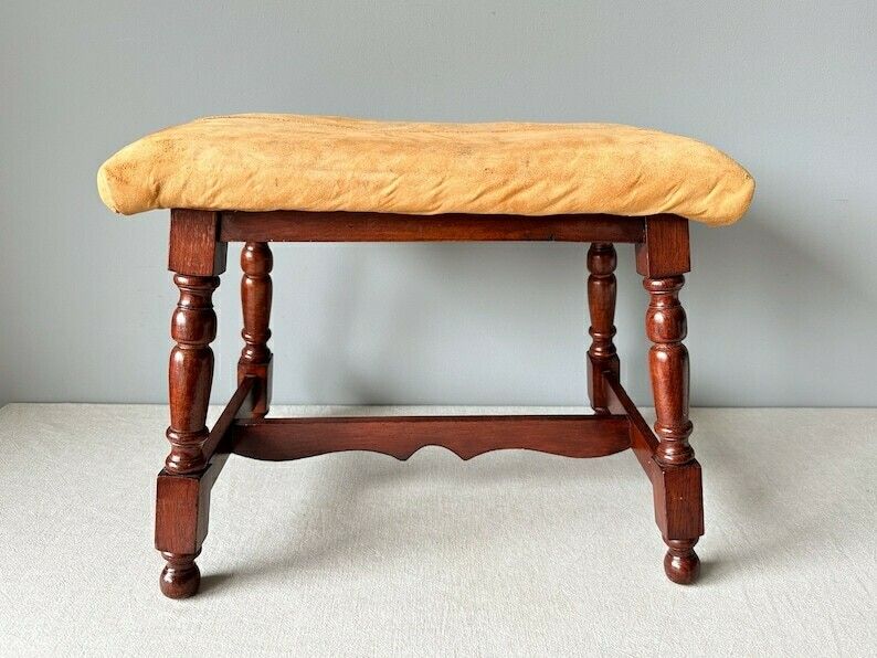 Vintage Dutch Carved Wood Stool With Leather Seat, Vintage Wooden Bench, Farmhouse Decor, Cottage Decor, Footstool