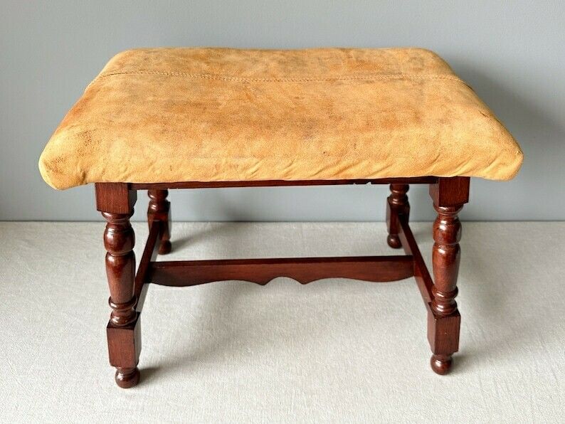 Vintage Dutch Carved Wood Stool With Leather Seat, Vintage Wooden Bench, Farmhouse Decor, Cottage Decor, Footstool photo for sale