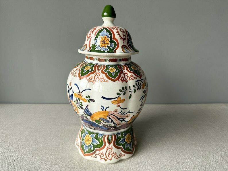 Antique Rare Delft Polychrome Hand Painted Lidded Vase, Delft Polychrome Ginger Jar, Delft Polychrome Urn photo Home Decor