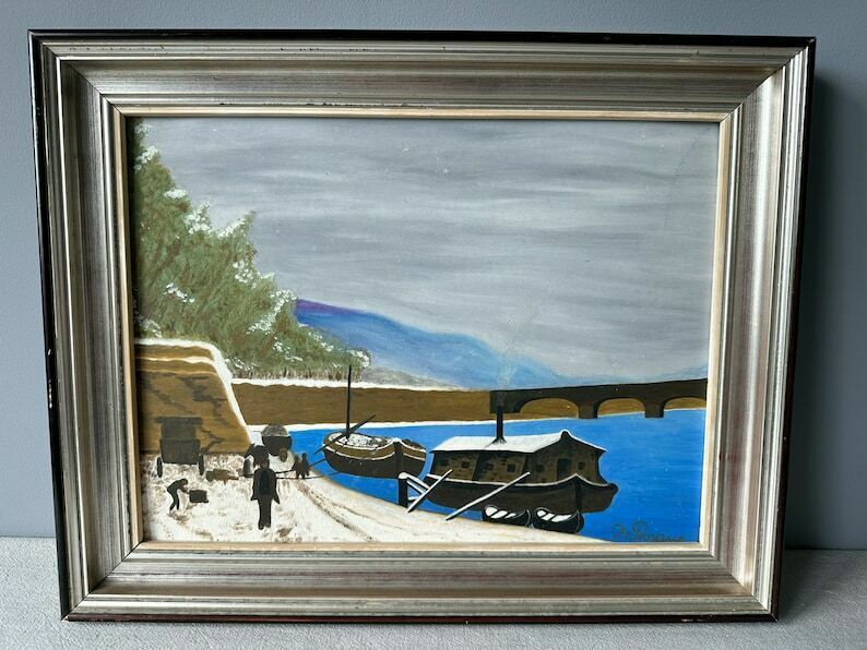 Vintage Original Acrylic Painting, 19" X 15", Landscape, Bridge And Boats