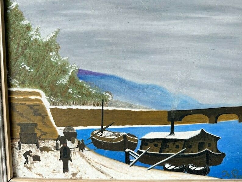 Vintage Original Acrylic Painting, 19" X 15", Landscape, Bridge And Boats photo Art