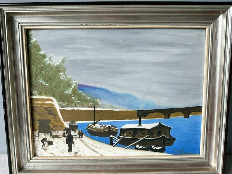 Vintage Original Acrylic Painting, 19" X 15", Landscape, Bridge And Boats photo vinterior