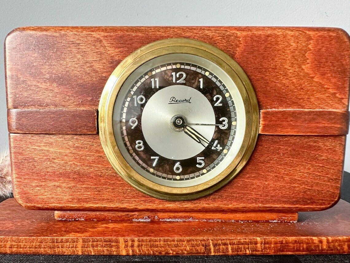 Vintage Wooden Desk Alarm Clock Record, Retro Mid Century Decor, Vintage Decor, Wind Up Clock photo for sale