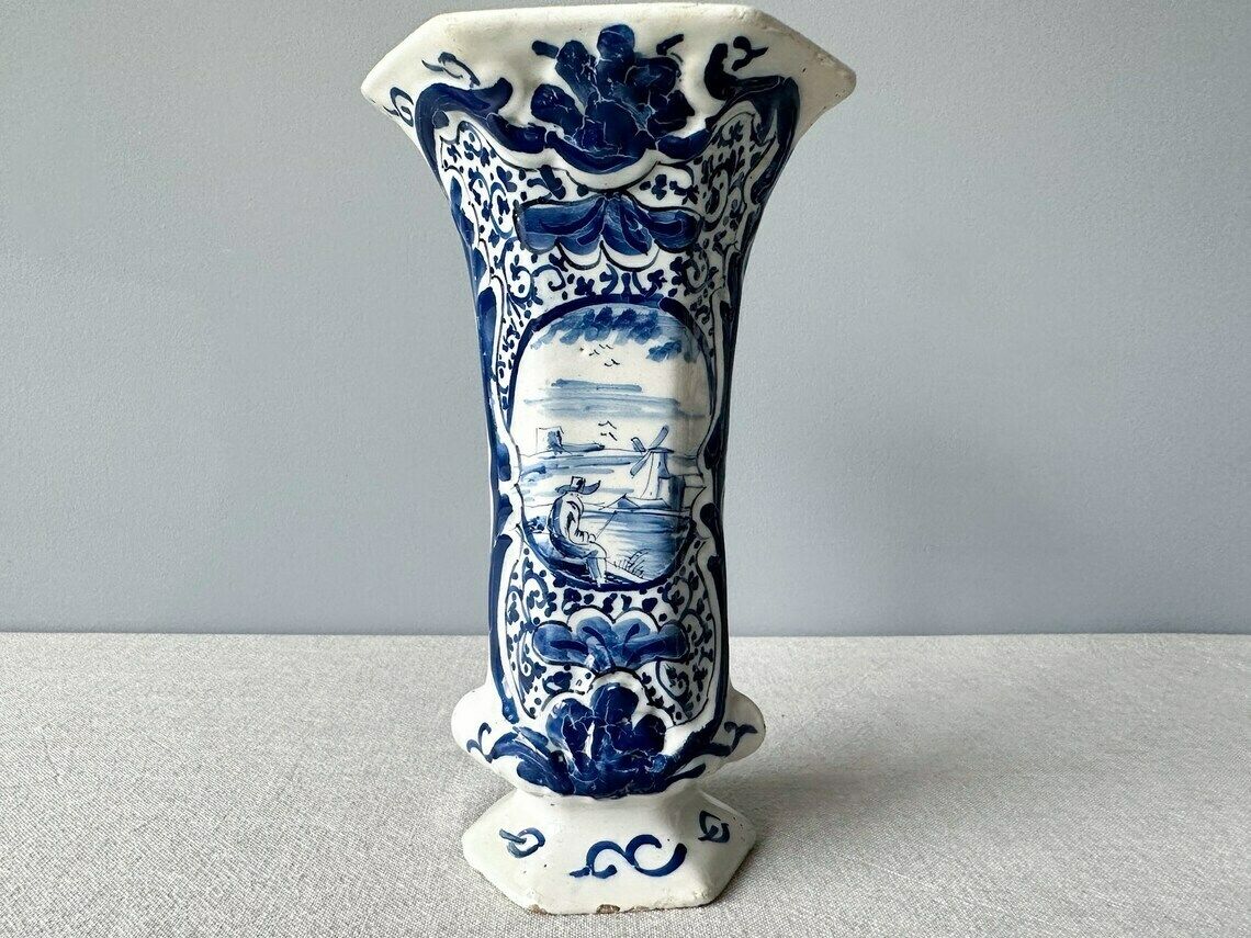 Antique Rare 18th Century Delft Blue Floral Tin Glazed Vase By De Drie Klokken (Three Bells), Collector's Item, Antique Delft Blue