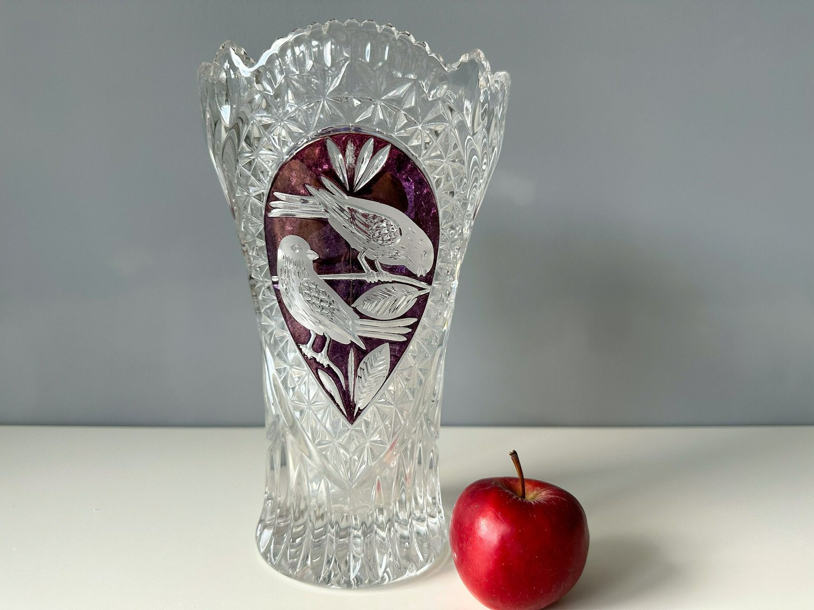Vintage Flower Vase Birds Collection, The Ruby By Hofbauer, German Lead Glass Vase